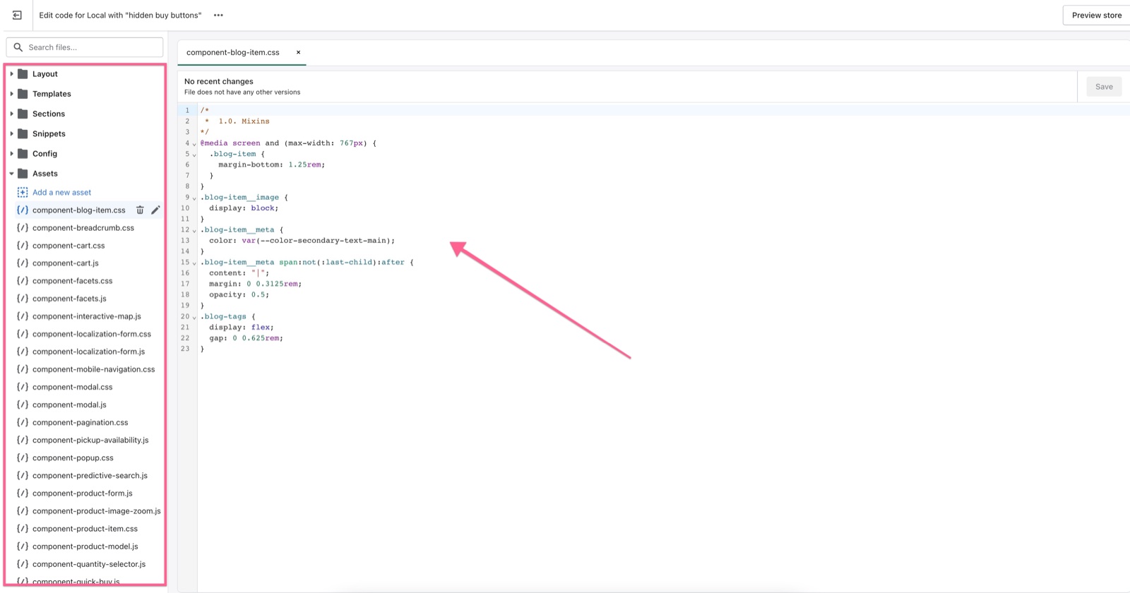 Shopify code editor: the folder list (Layout, Templates, Sections, Snippets, Config, Assets) on the left and an open CSS file on the right.