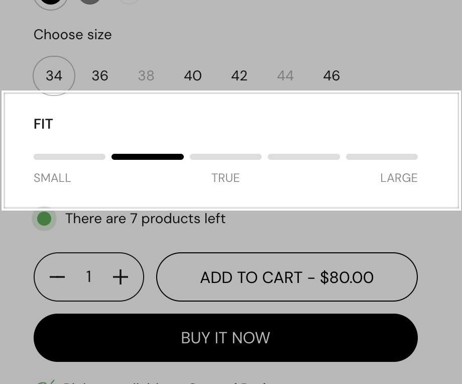 Storefront product page with the Attribute meter block highlighted: a Fit label, five segments with the second active and the end labels Small, True and Large.