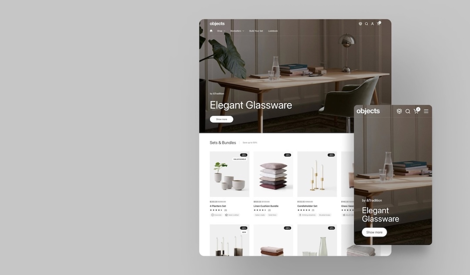 The Combine theme, Objects preset, on desktop and mobile: a homeware store with the headline "Elegant Glassware".