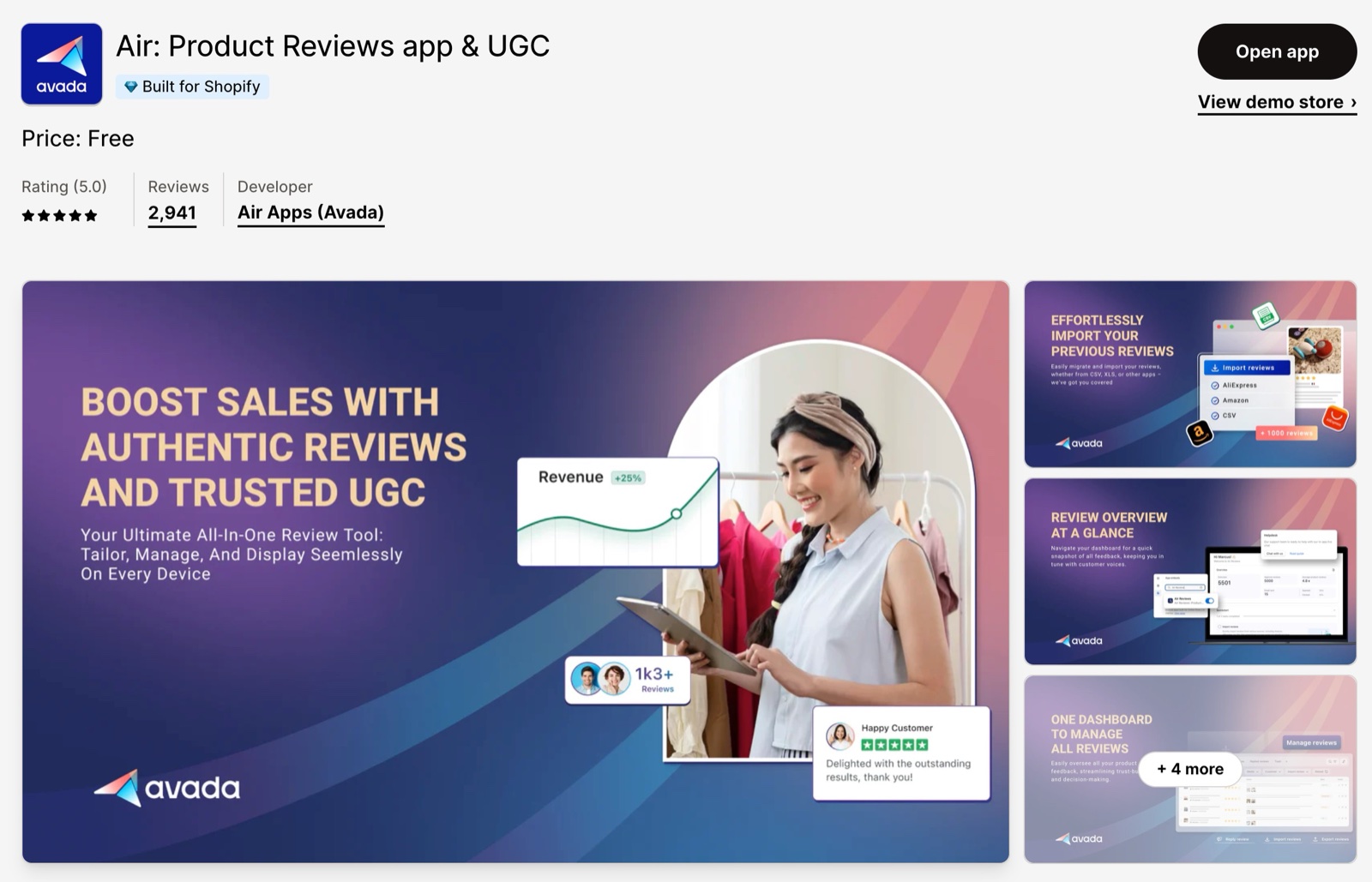 Air: Product Reviews app & UGC App Store listing in December 2023: price line, rating, review count and the app's promo video.