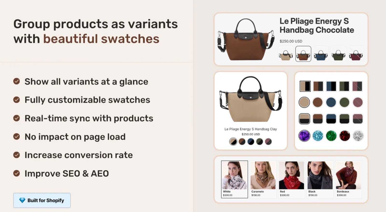 Rubik Combined Listings banner: separate products grouped as variants with image and color swatches on product pages and product cards.