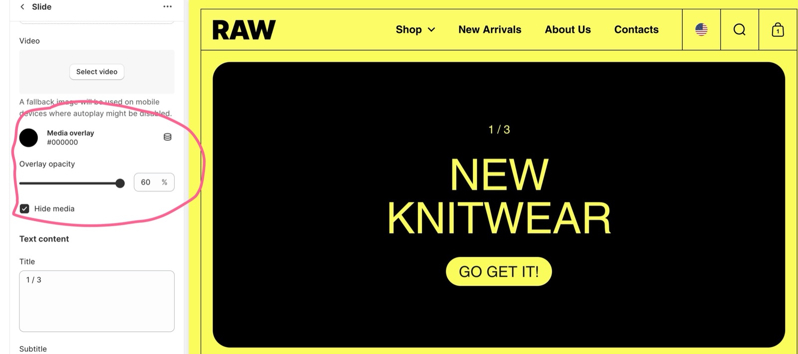 Theme editor, Vertical slider Slide block settings with Video and its fallback note, Media overlay #000000, Overlay opacity 60 percent and Hide media checked, showing a text-only NEW KNITWEAR slide with a GO GET IT! button.