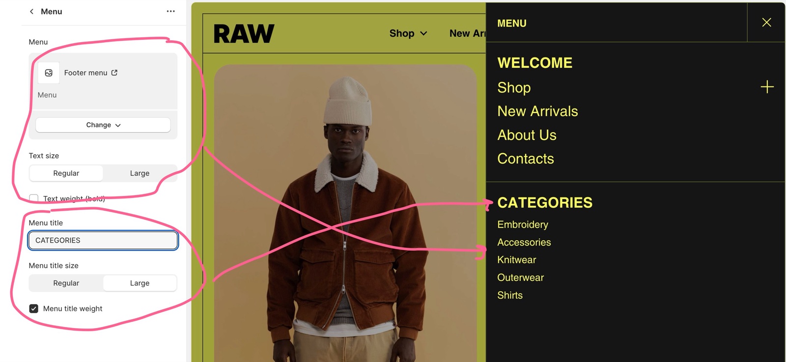 Theme editor, Navigation drawer Menu block with Menu set to Footer menu, Text size Regular or Large, Text weight (bold), Menu title CATEGORIES, Menu title size and Menu title weight, beside the open drawer showing WELCOME and CATEGORIES menus.