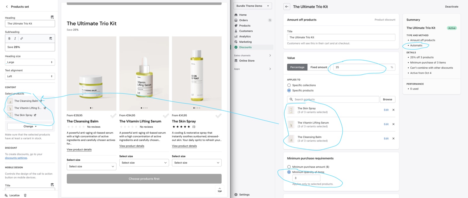 Products set "The Ultimate Trio Kit" with three products next to the Shopify admin automatic discount "The Ultimate Trio Kit": 25 % amount off the three specific products, minimum quantity of 3 items.