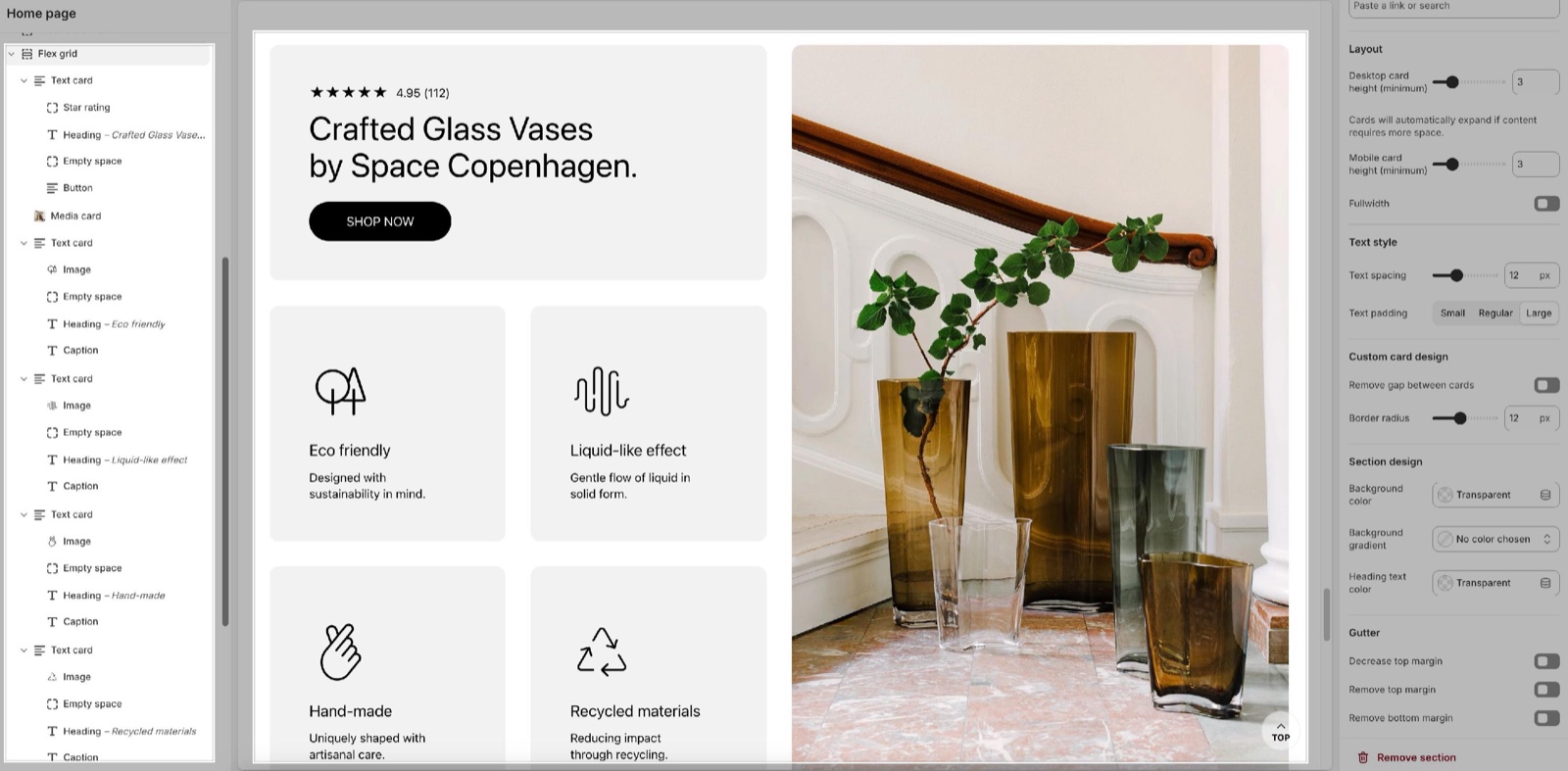 Theme editor Flex grid with Text cards and a Media card, and the section Layout (card heights), Text style, Custom card design, Section design and Gutter settings, beside a collage of a "Crafted Glass Vases" text card, four icon text cards and a vase photo.