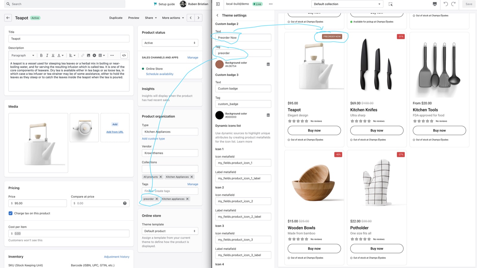 Shopify admin product page with the tag preorder, next to Theme settings → Product card → Custom badge 2 (Text Preorder Now, Tag preorder, Background color #A36754) and the storefront card showing a PREORDER NOW badge.