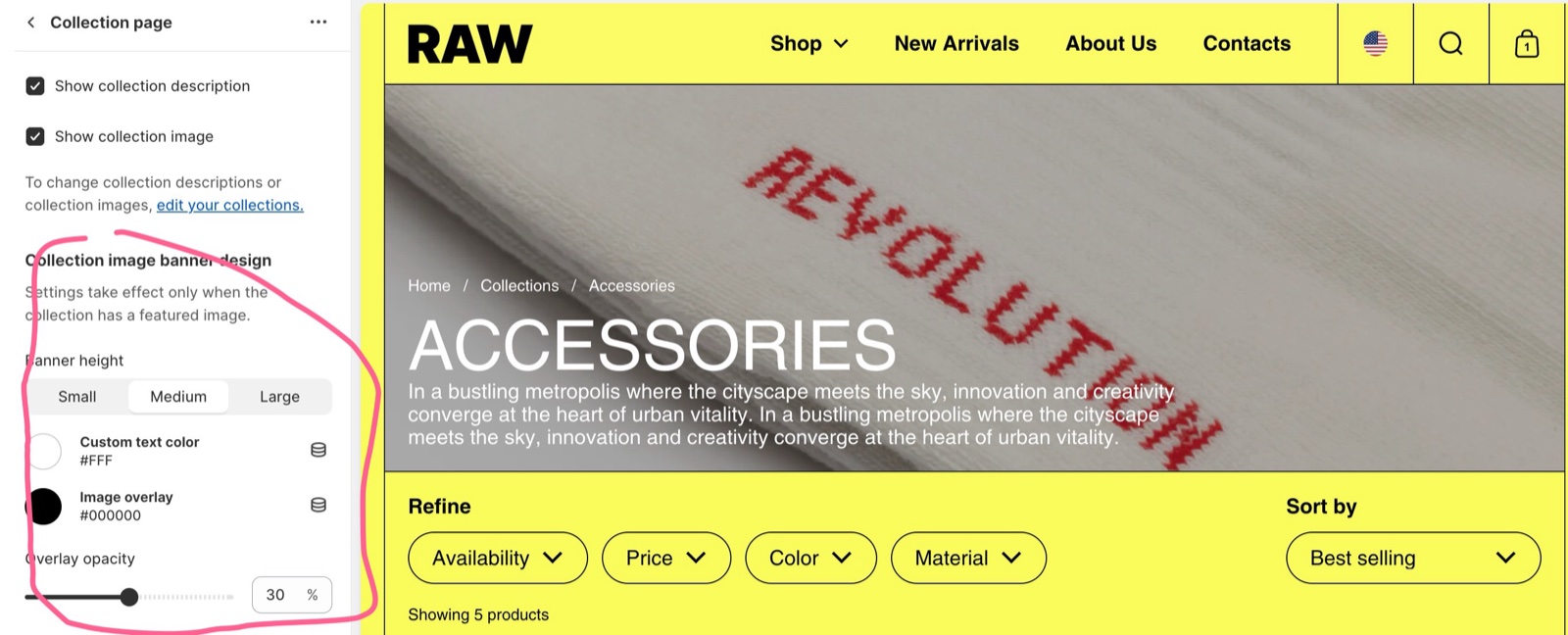 Theme editor, Collection page section with Show collection description and Show collection image checked and Collection image banner design settings Banner height, Custom text color, Image overlay and Overlay opacity, beside the Accessories banner with description.