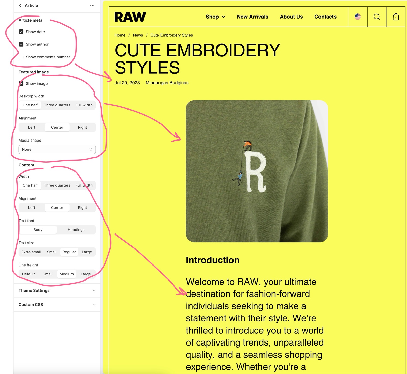 Theme editor, Article section with Article meta Show date, Show author, Show comments number, Featured image Show image, Desktop width, Alignment, Media shape, and Content Width, Alignment, Text font, Text size and Line height, beside a RAW article.