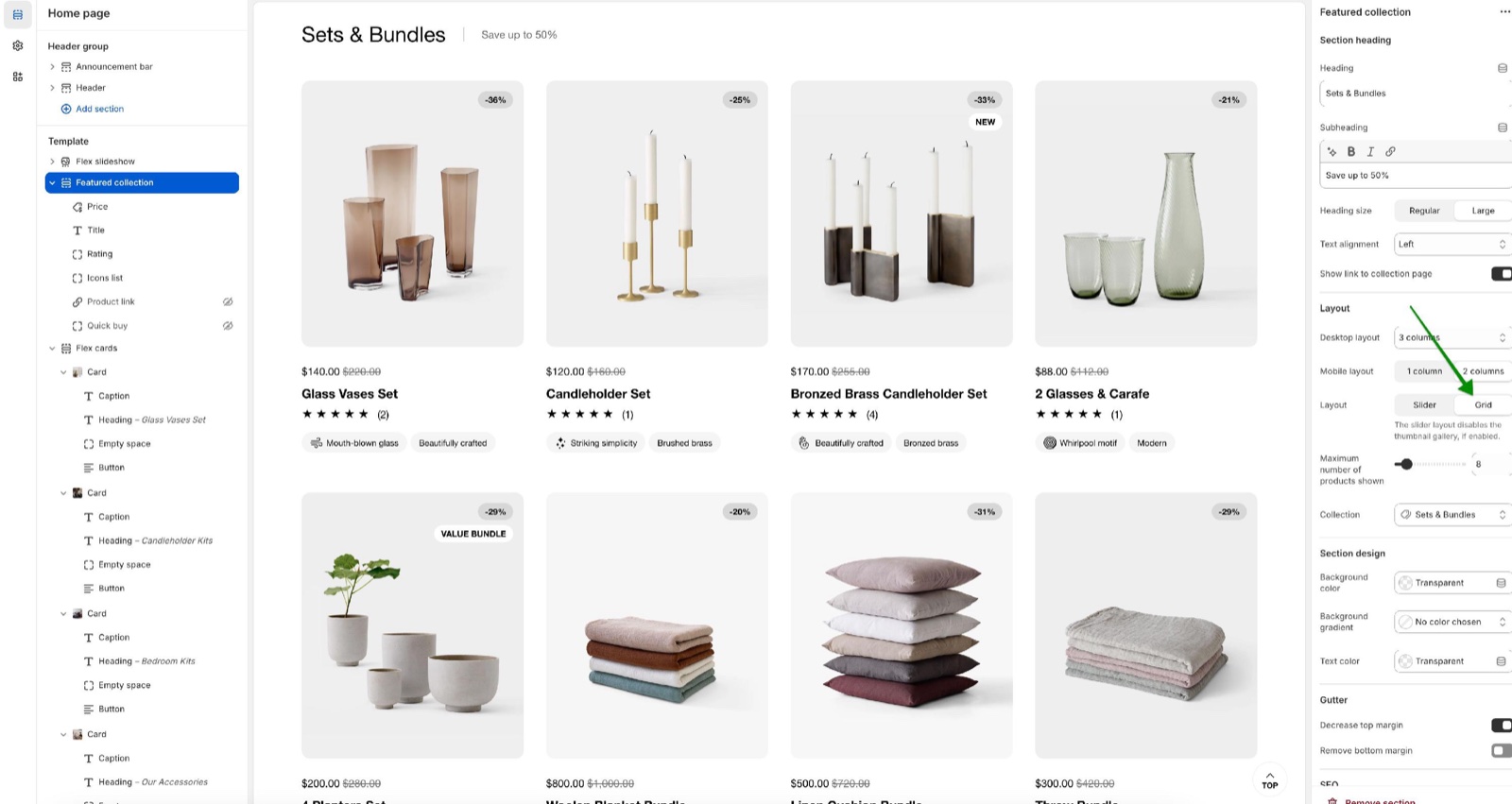 Theme editor Featured collection with Layout set to Grid (Desktop layout 3 columns, Mobile layout, Maximum number of products shown, Collection) and its Price, Title, Rating, Icons list, Product link and Quick buy blocks, beside the grid of bundle products.