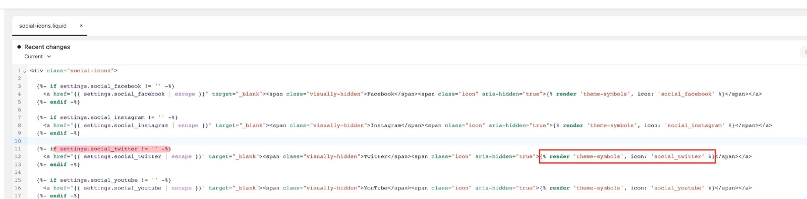 Highlight and Kingdom snippets/social-icons.liquid in the code editor: the social_twitter link with the render theme-symbols social_twitter tag highlighted.