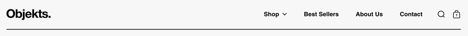 Storefront header of the Objekts preset with the Objekts logo, Shop, Best Sellers, About Us and Contact menu links and compact search and cart icons without borders, above a thick bottom border.