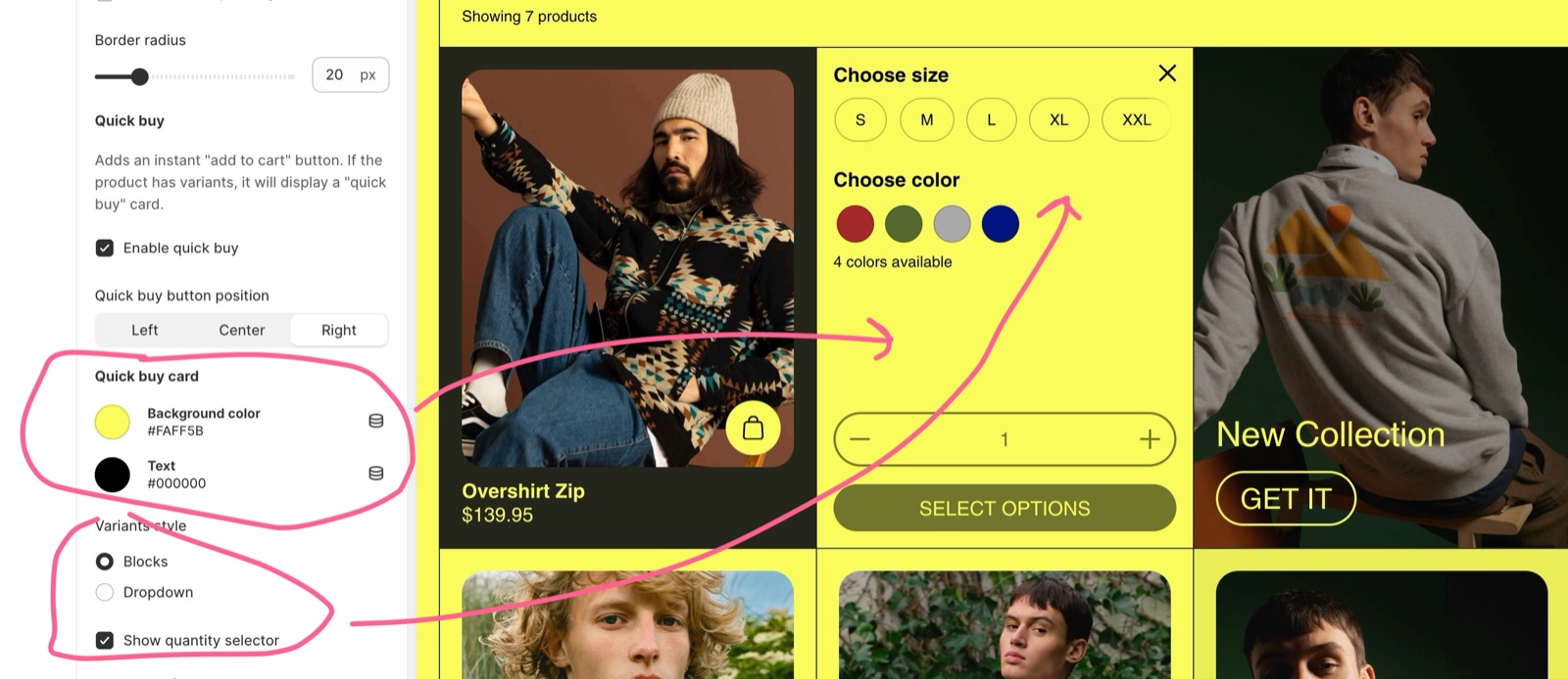 Theme editor, Theme settings → Product card Quick buy settings with Enable quick buy, Quick buy button position, Quick buy card Background color and Text, Variants style Blocks or Dropdown and Show quantity selector, beside an open quick buy card on the storefront.