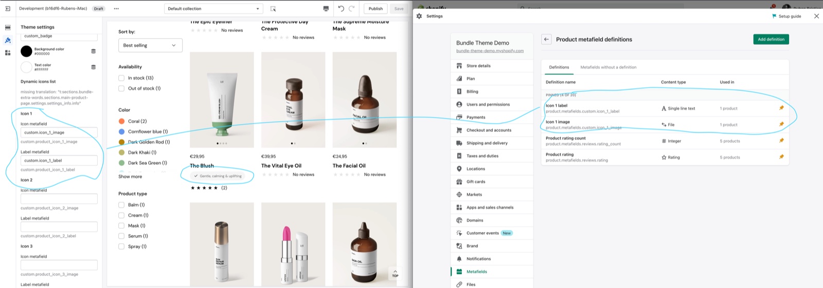 Theme editor Dynamic icons list with Icon 1 metafields custom.product_icon_1_image and custom.product_icon_1_label, next to Shopify admin product metafield definitions "Icon 1 label" (single line text) and "Icon 1 image" (file), and a product card showing the "Gentle, calming & uplifting" icon pill.