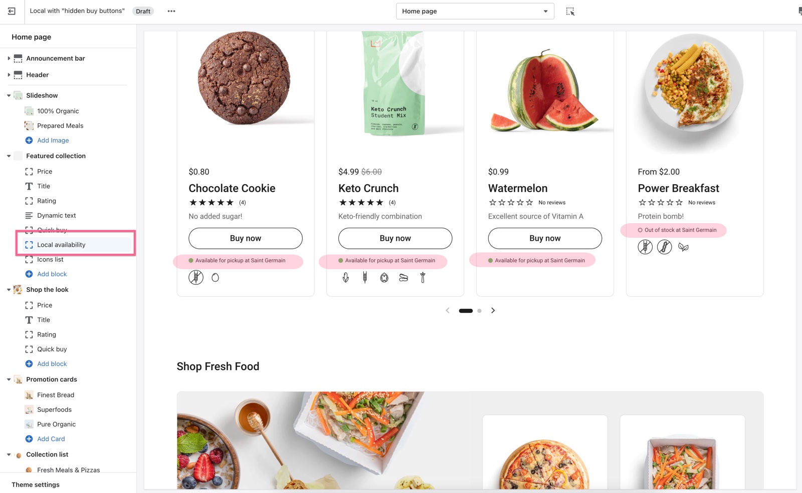 Theme editor home page with the Local availability block selected in the Featured collection section; the product cards show Available for pickup at Saint Germain or Out of stock at Saint Germain lines, highlighted.