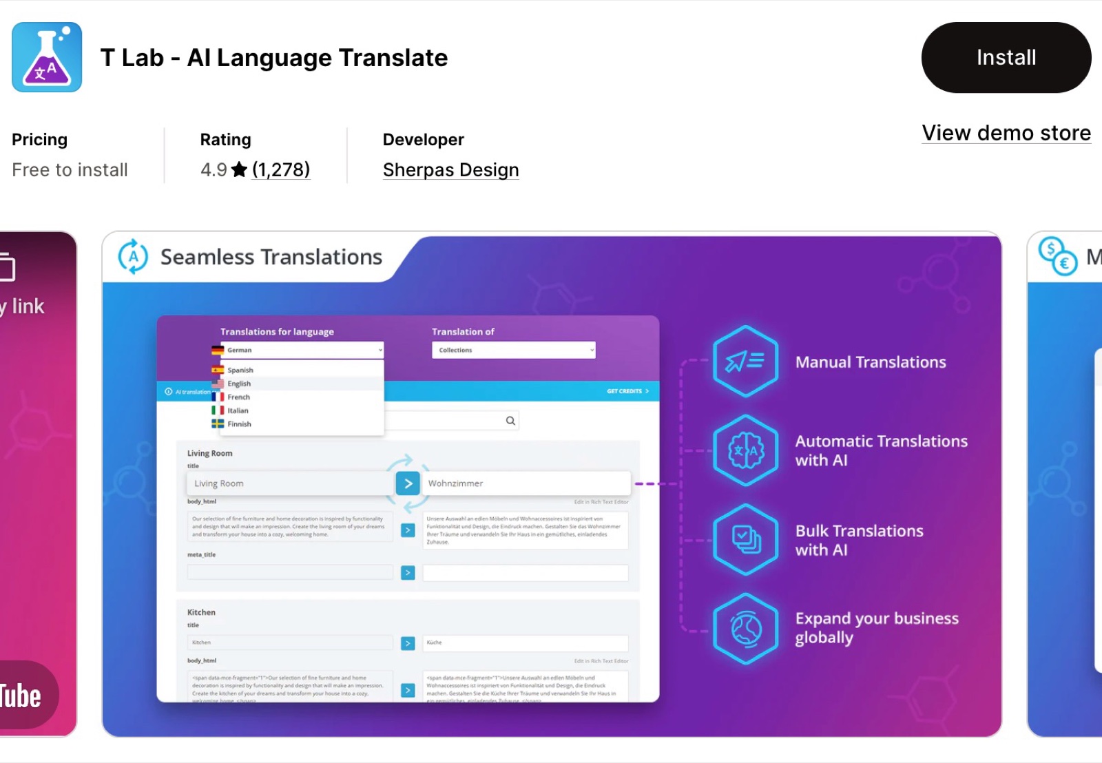T Lab – AI Language Translate App Store listing: free to install, developer Sherpas Design, and a banner "Seamless Translations".