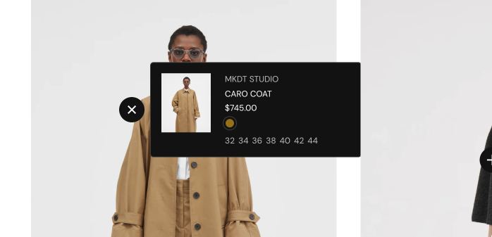 Storefront product hotspot tooltip: a dark card with a product image, vendor, name Caro Coat, price, color swatch and sizes, opened from a hotspot on a coat photo.