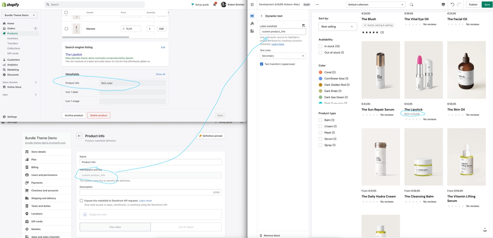 Shopify admin product metafield "Product info" (custom.product_info, single line text) with the value "Rich color", the theme editor Dynamic text block with Label metafield custom.product_info, and the product card showing RICH COLOR under the title.