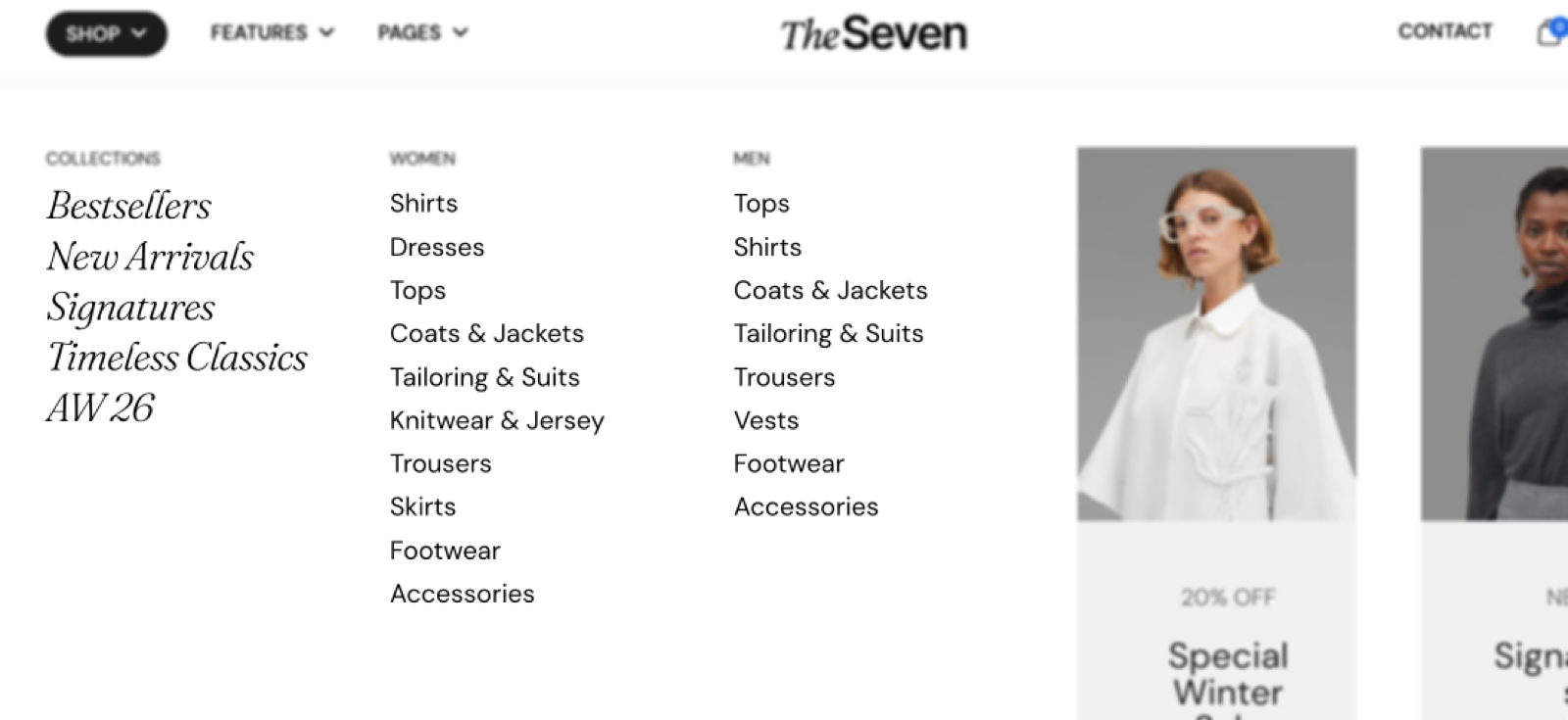 Storefront header with the Shop mega menu open: a Collections column in accent italic, Women and Men link lists and image promo cards.