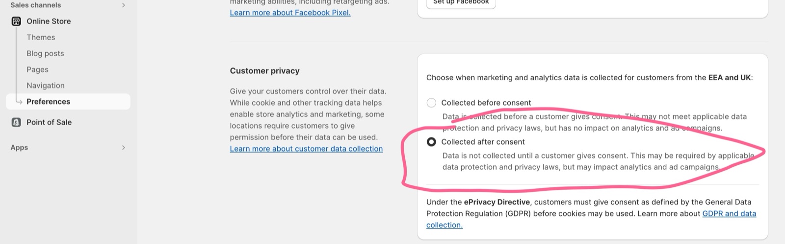 Shopify admin Online Store → Preferences page, Customer privacy card with Collected before consent and Collected after consent options for EEA and UK customers, with Collected after consent circled.