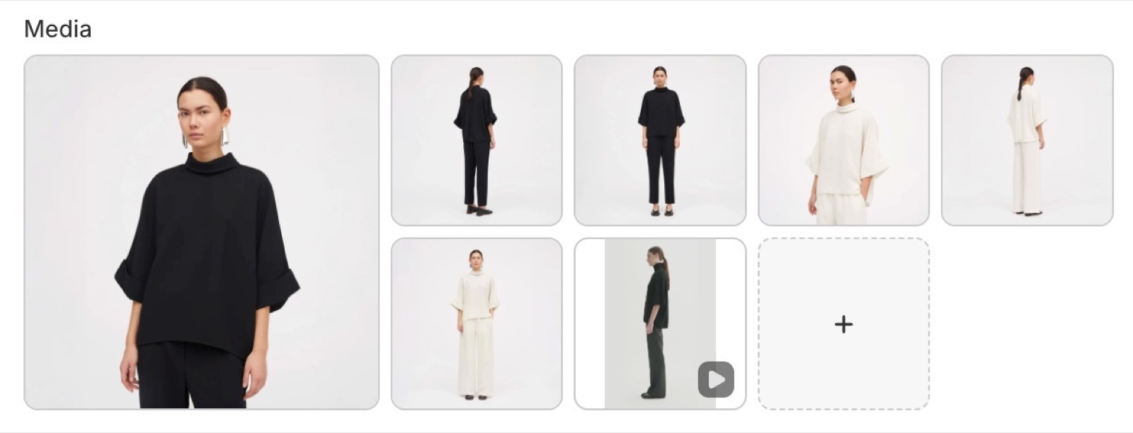 Shopify admin product Media grid showing a large first image, thumbnails, a video and an add tile, used to group photos by color.