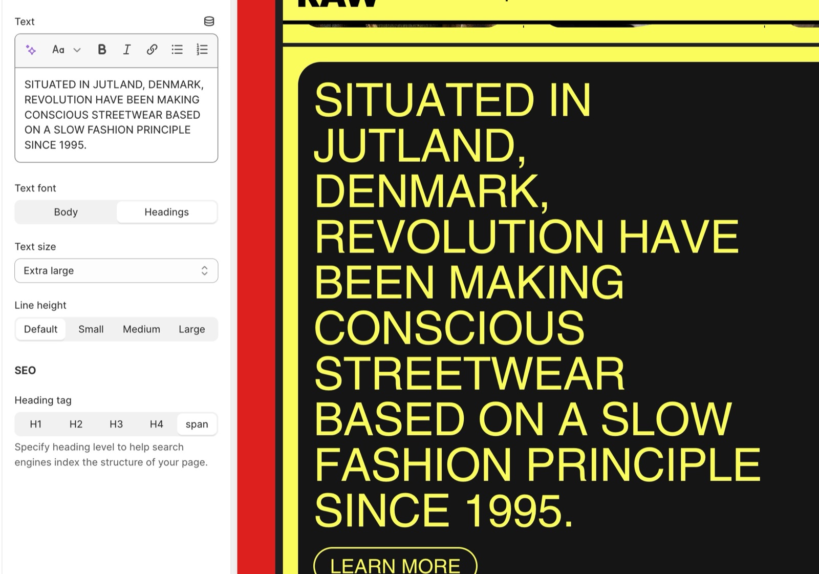 Theme editor, Rich text section Text block settings with the Text rich text field, Text font Body or Headings, Text size Extra large, Line height and SEO Heading tag H1 to span, next to the large rendered text on the storefront.