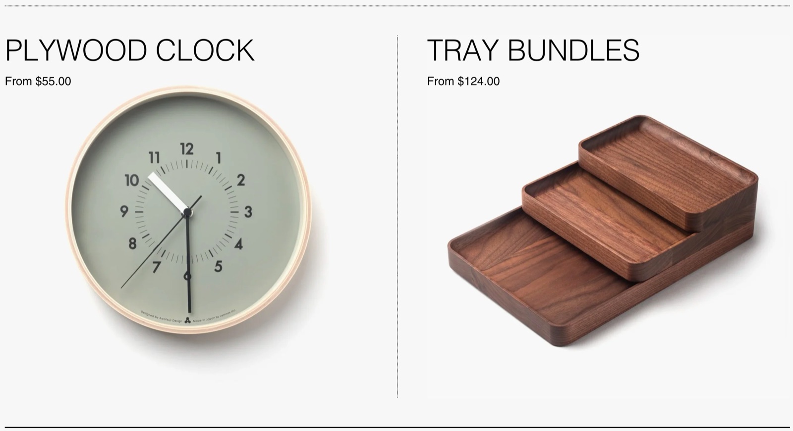 Storefront Rich blocks section on the Objekts preset with two blocks titled PLYWOOD CLOCK and TRAY BUNDLES, each with a subtitle price line and a product image, separated by a dotted border.