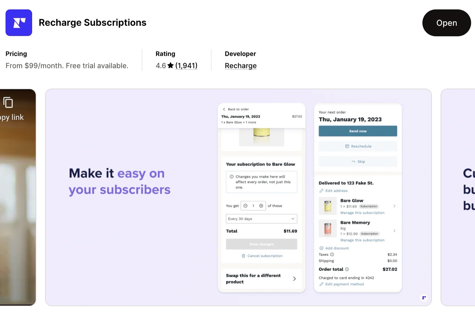 Recharge Subscriptions App Store listing: from $99/month with a free trial, rating 4.6, and a banner "Make it easy on your subscribers".