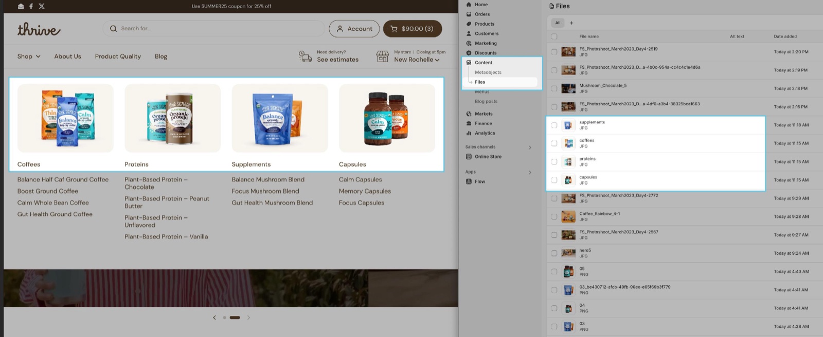 Thrive demo mega menu with four images above the Coffees, Proteins, Supplements and Capsules columns, next to Shopify admin → Content → Files with files named supplements, coffees, proteins and capsules, the handles of those menu items.