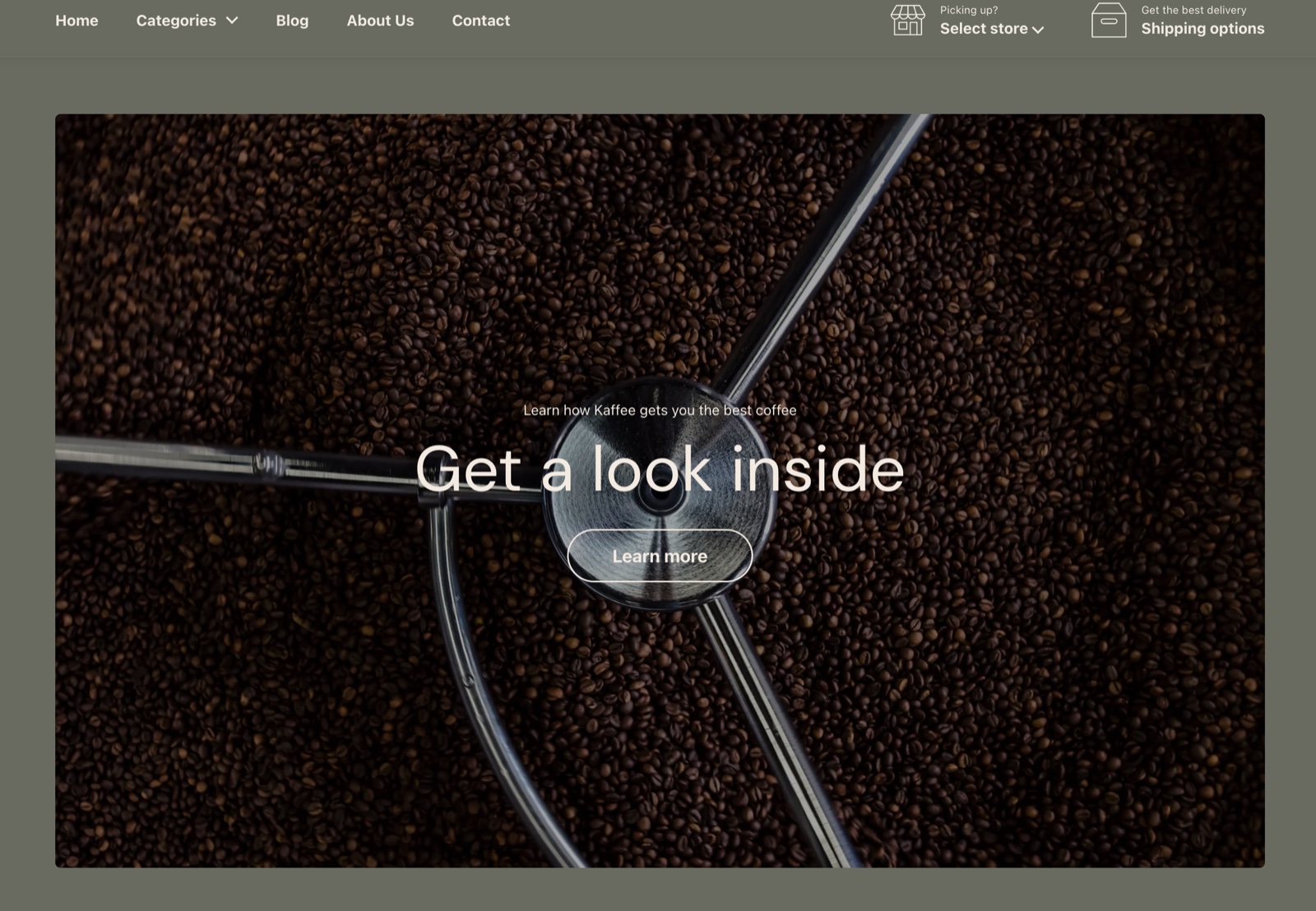 Rich text section with a full-size coffee-roaster image and the text centered in the middle: a caption, the heading Get a look inside and a Learn more button.