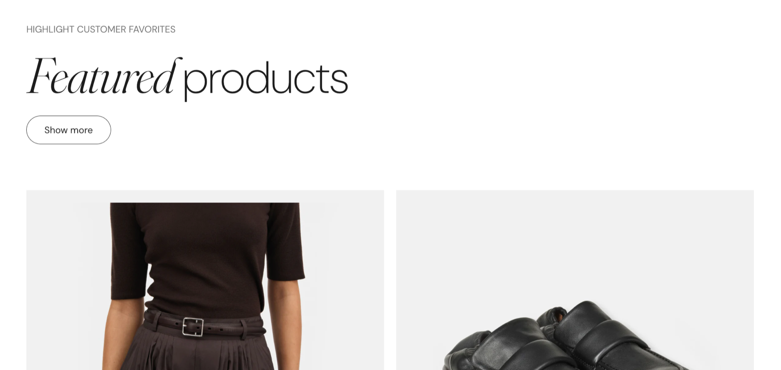 Storefront Heading block used as a section title: a caption, the heading Featured products with an accent italic first word and a Show more button above product images.