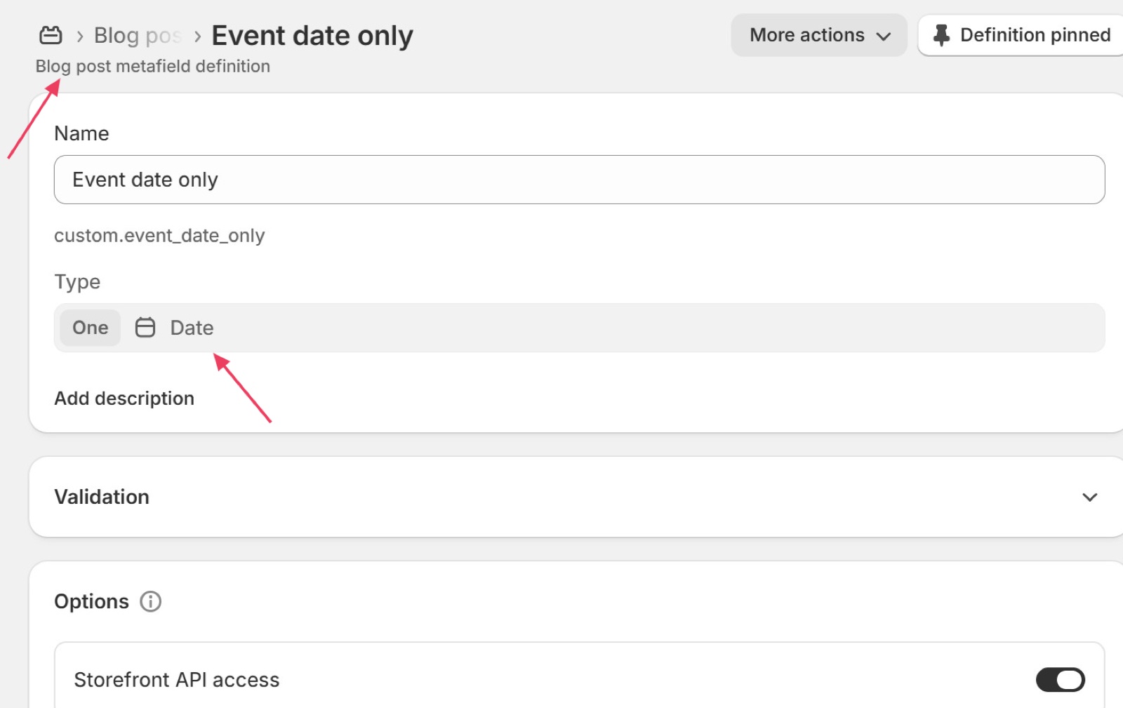 Shopify admin blog post metafield definition Event date only (custom.event_date_only) of type Date.