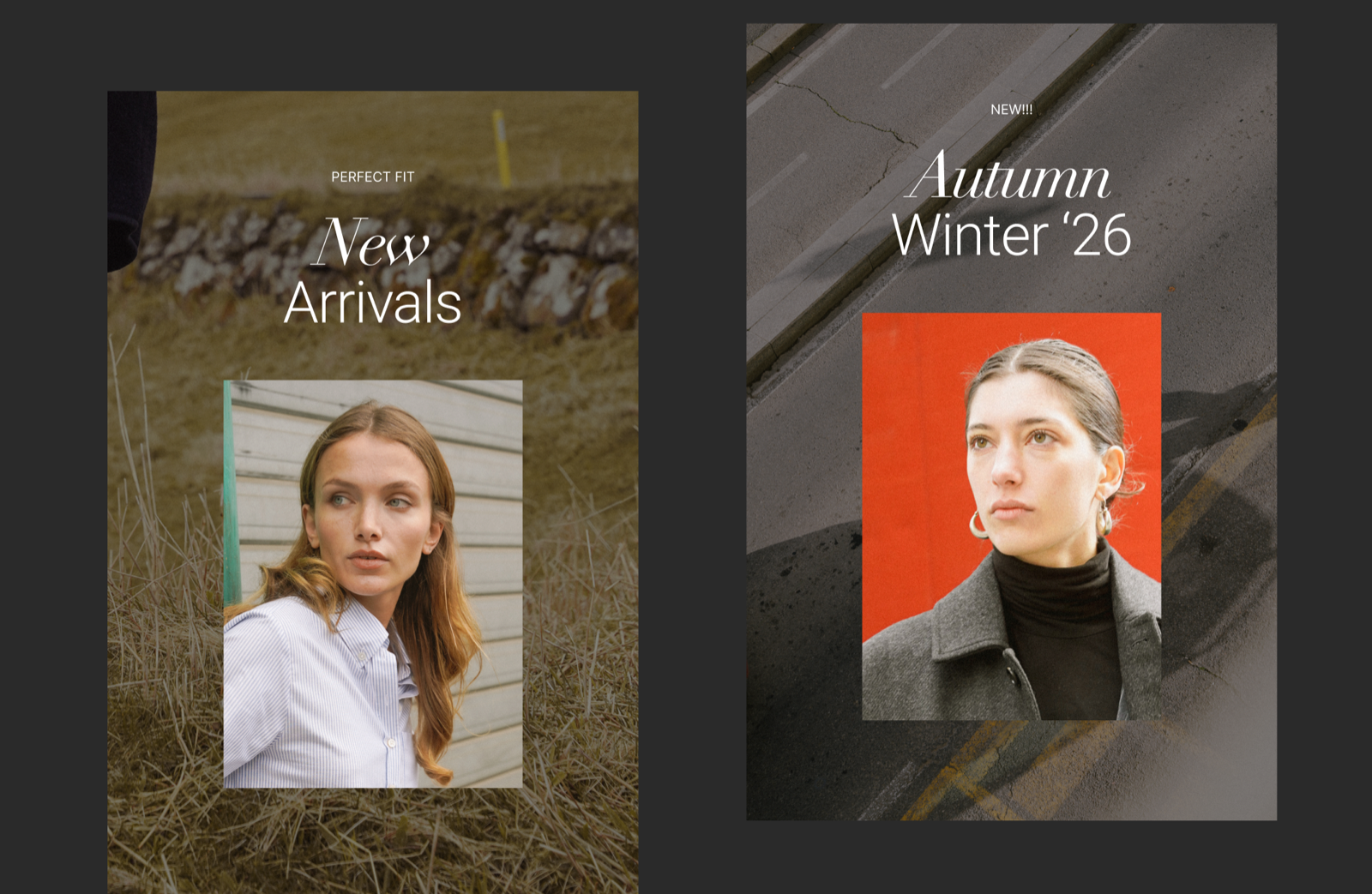 Storefront promotional cards on a dark background: two portrait cards with captions, headings and a photo from an Image block.