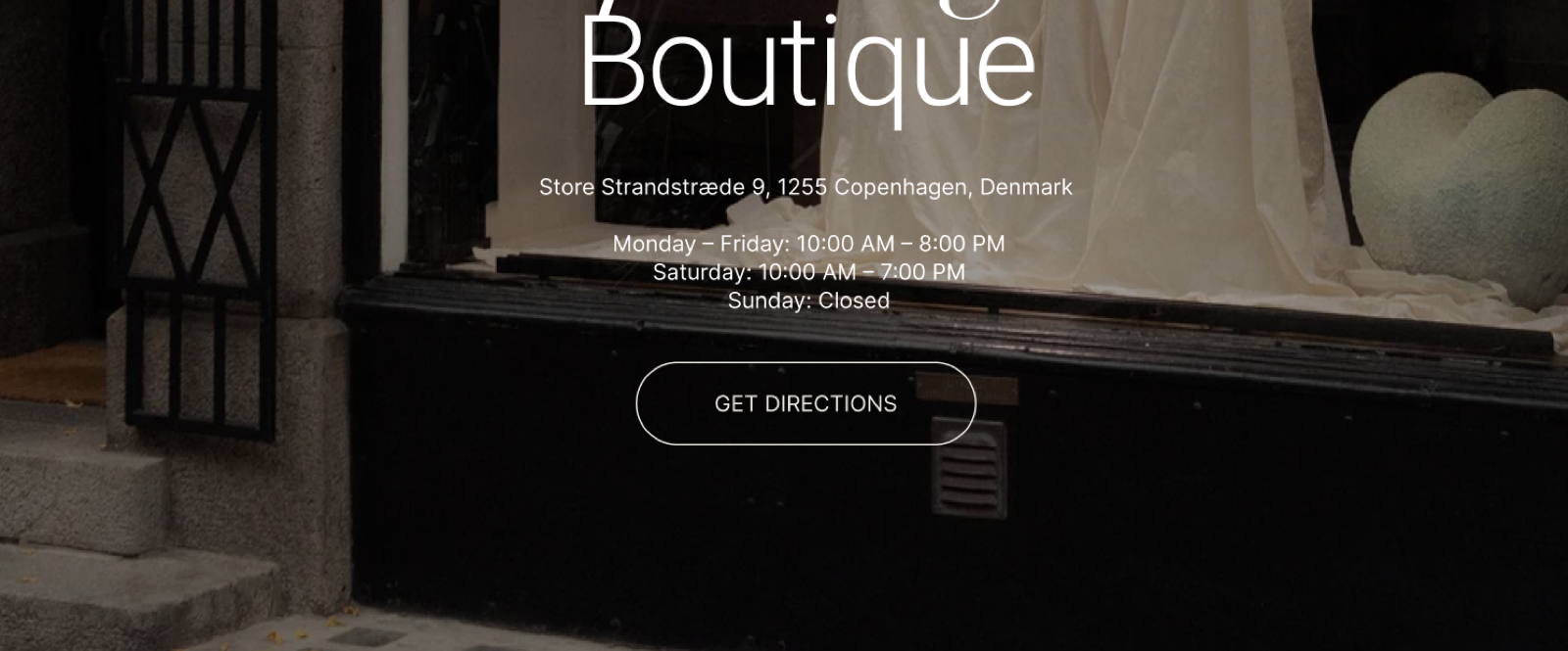 Storefront boutique card over a shop-window photo with an address, opening hours and an outlined Get directions button.