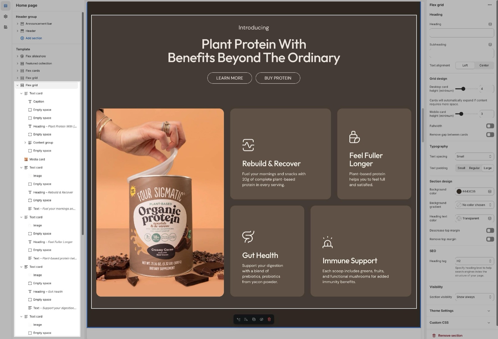 Theme editor with a Flex grid section open: Text cards with Caption, Empty space, Heading, Content group and Text blocks and a Media card in the sidebar; the panel shows Heading, Grid design (Desktop card height (minimum), Mobile card height (minimum), Fullwidth, Remove gap between cards), Typography, Section design, SEO and Visibility, beside a protein product grid.