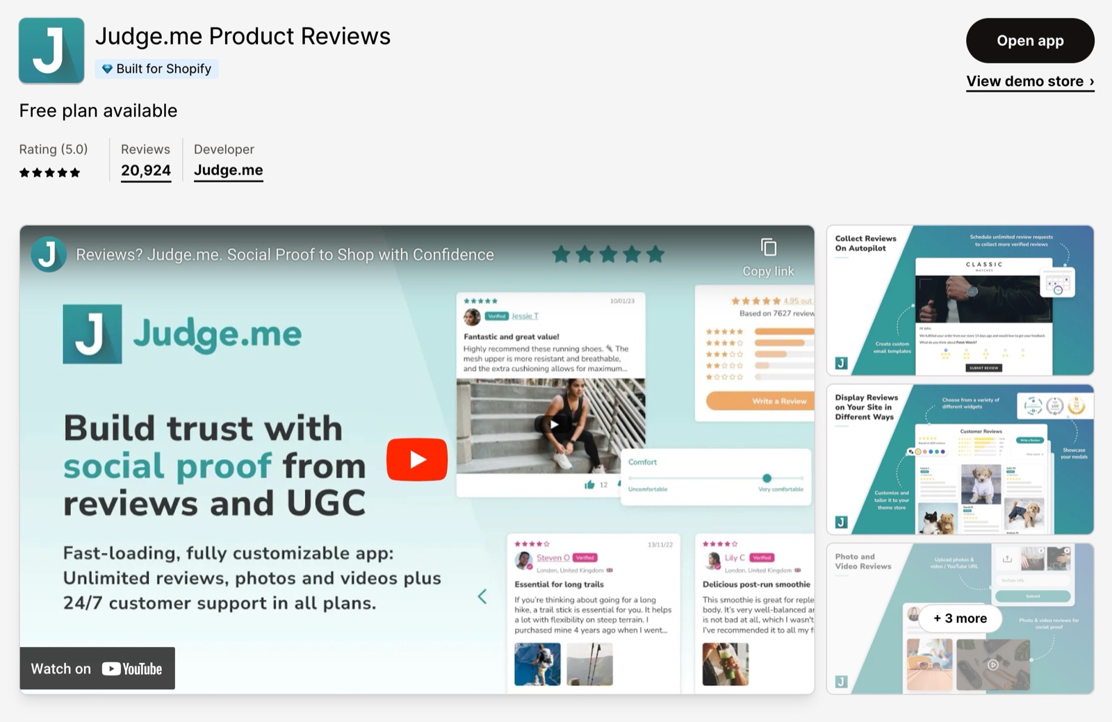 Judge.me Product Reviews App Store listing in December 2023: price line, rating, review count and the app's promo video.
