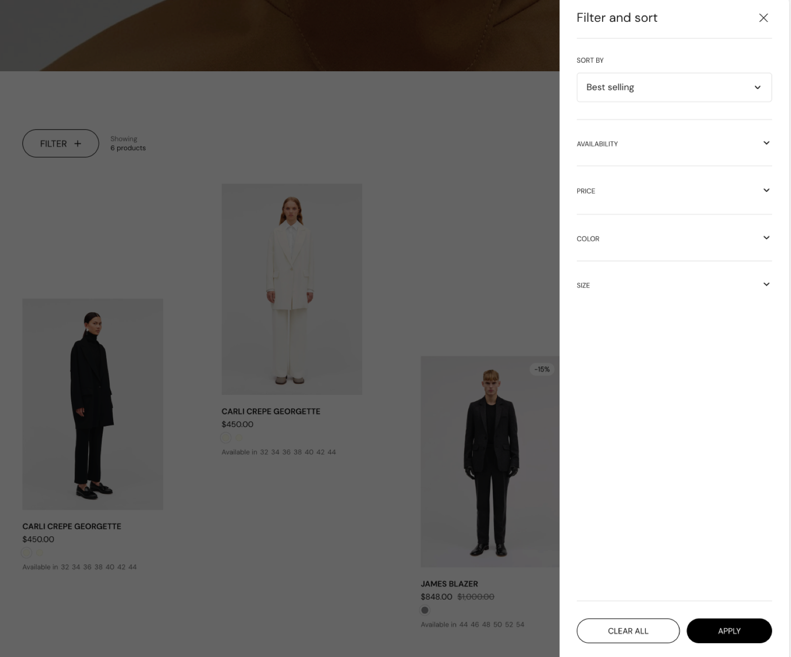Storefront collection page with the Filter and sort drawer open: Sort by Best selling, collapsed Availability, Price, Color and Size groups and Clear all and Apply buttons.