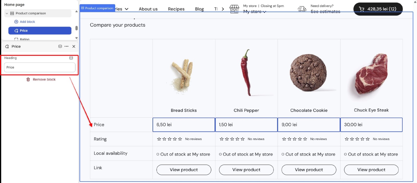 Price block of the Product comparison section selected: its only setting, Heading, set to Price, with an arrow to the Price row label.