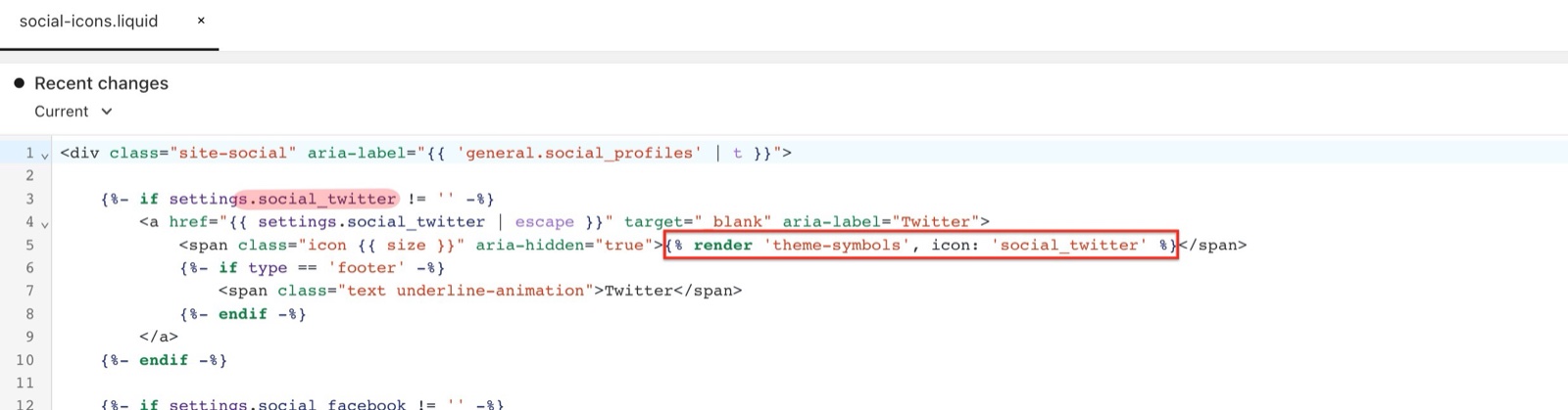 Split snippets/social-icons.liquid in the code editor: the social_twitter link with the render theme-symbols social_twitter tag highlighted.