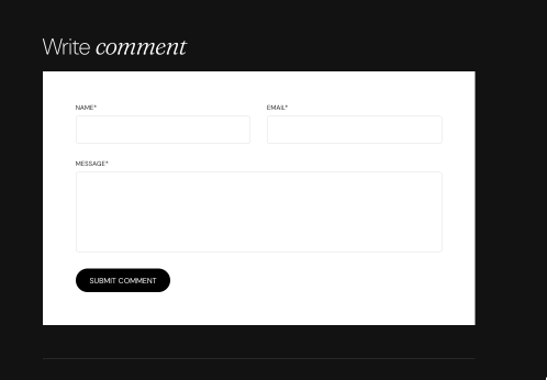 Storefront Article comments block on a dark background: the heading Write comment and a white form with Name, Email, Message and a Submit comment button.