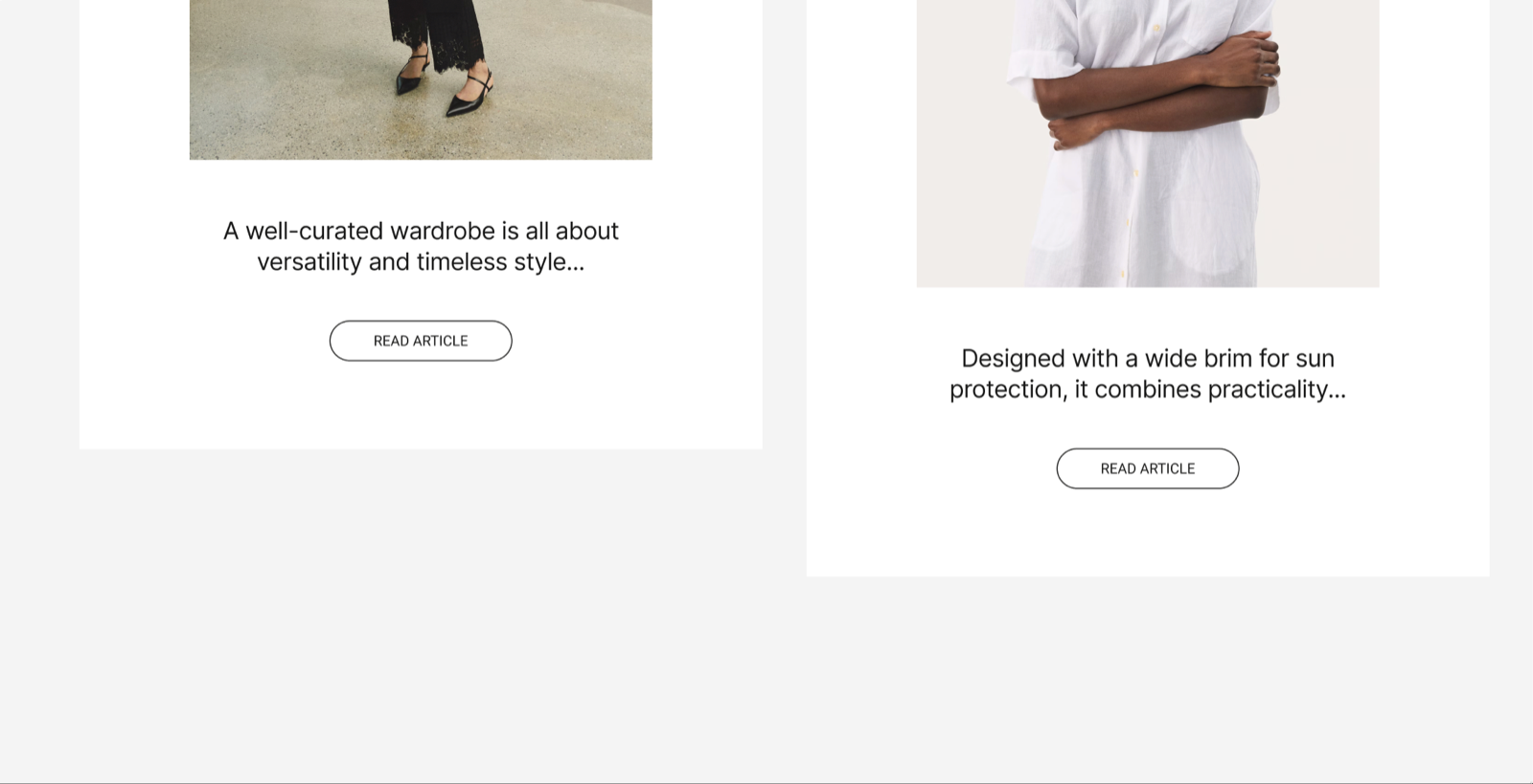 Storefront article cards each ending with an outlined Read article button under the excerpt.