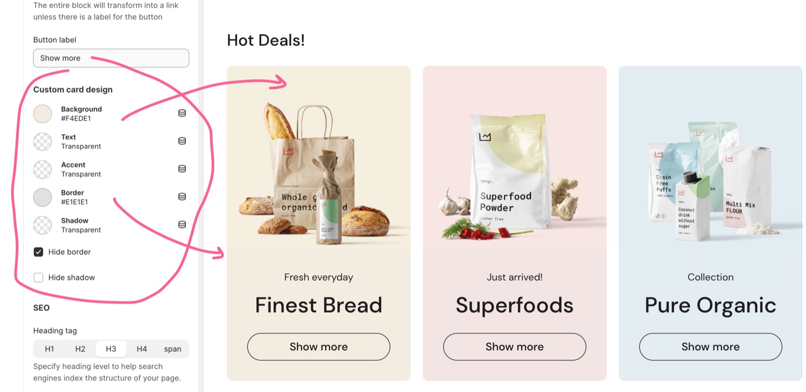 Theme editor Promotion cards → Card block with the Custom card design group (Background #F4EDE1, Text, Accent, Border #E1E1E1, Shadow, Hide border on, Hide shadow off) beside three promotion cards with their own background colors.