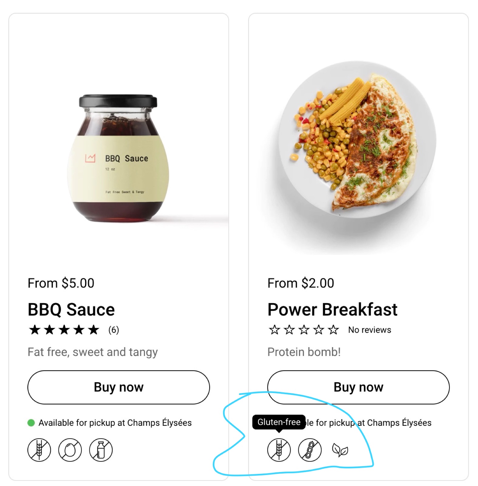 Two storefront product cards with a row of dietary icons under the pickup availability line; hovering the first icon on Power Breakfast shows its label Gluten-free.