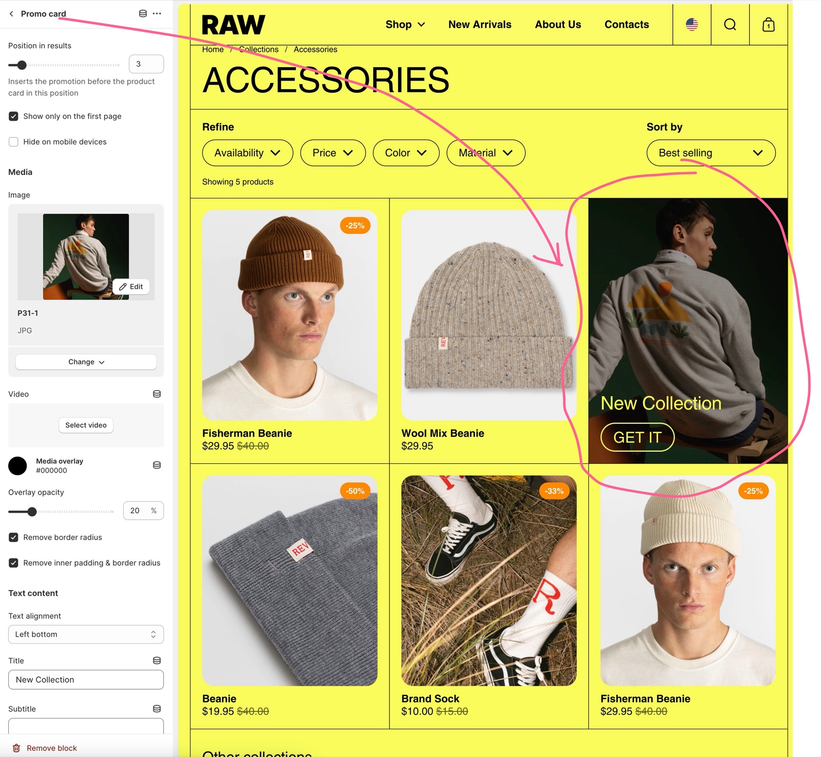 Theme editor, Collection page Promo card block settings with Position in results, Show only on the first page, Hide on mobile devices, Media image, video, overlay and text content, highlighting the New Collection promo card in the product grid.