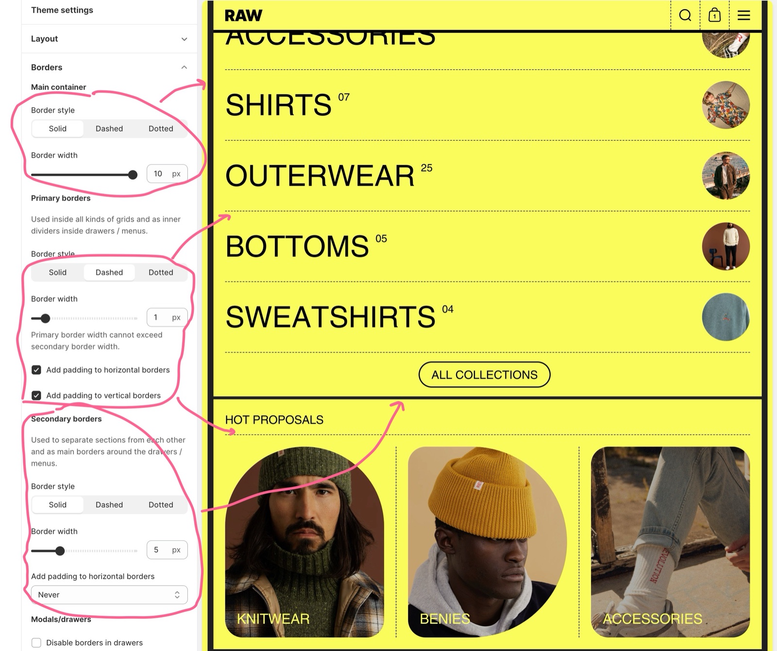 Theme editor, Theme settings → Borders panel showing Main container, Primary borders and Secondary borders with Border style Solid, Dashed, Dotted, Border width, padding options and Disable borders in drawers, mapped to borders on the RAW storefront.