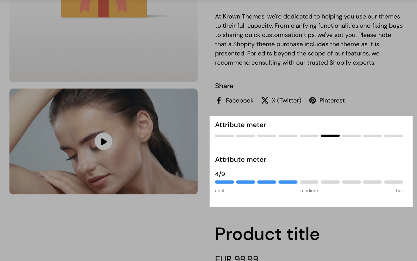 Product page with two Attribute meter blocks highlighted: one with a single active segment, one showing 4/9 with four blue segments and the labels cool, medium and hot.