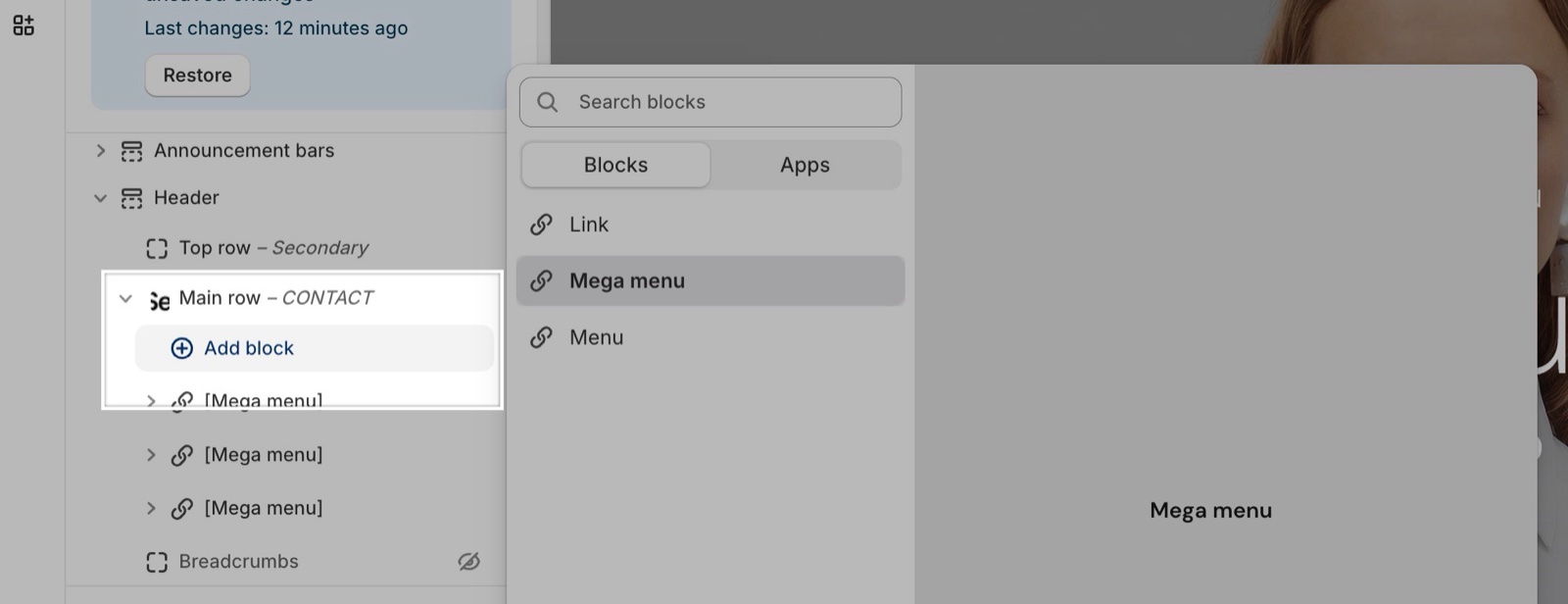 Theme editor Header tree with the Main row expanded and the Add block popup listing Link, Mega menu and Menu.