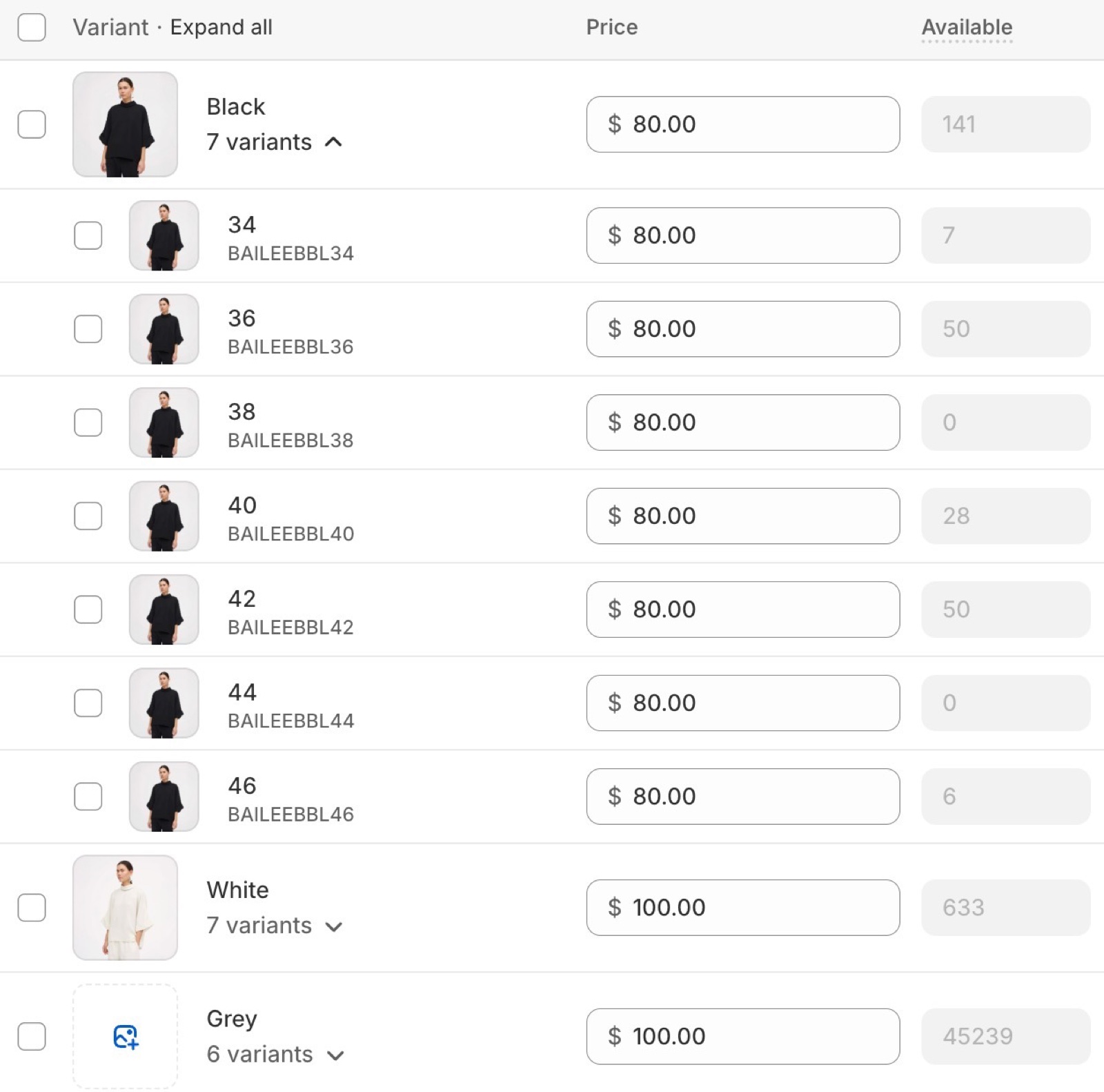 Shopify admin variants table for Bailee Blouse with Black, White and Grey groups, each variant row showing its image, SKU, price and availability.