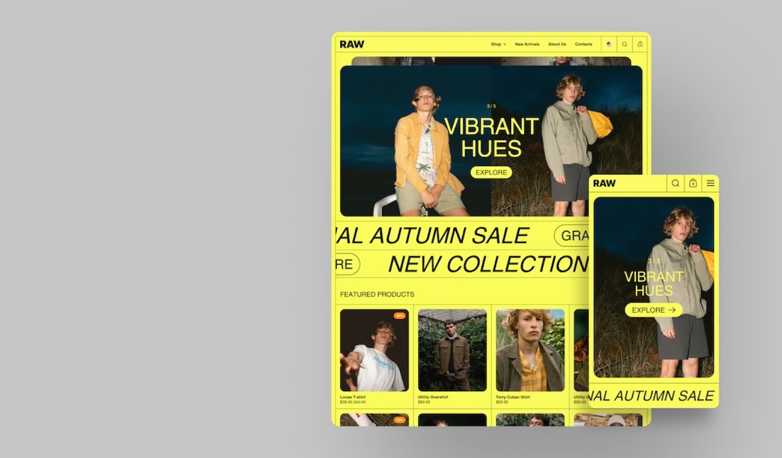 The Borders theme, Raw preset, on desktop and mobile: a yellow fashion store with the headline "Vibrant hues".