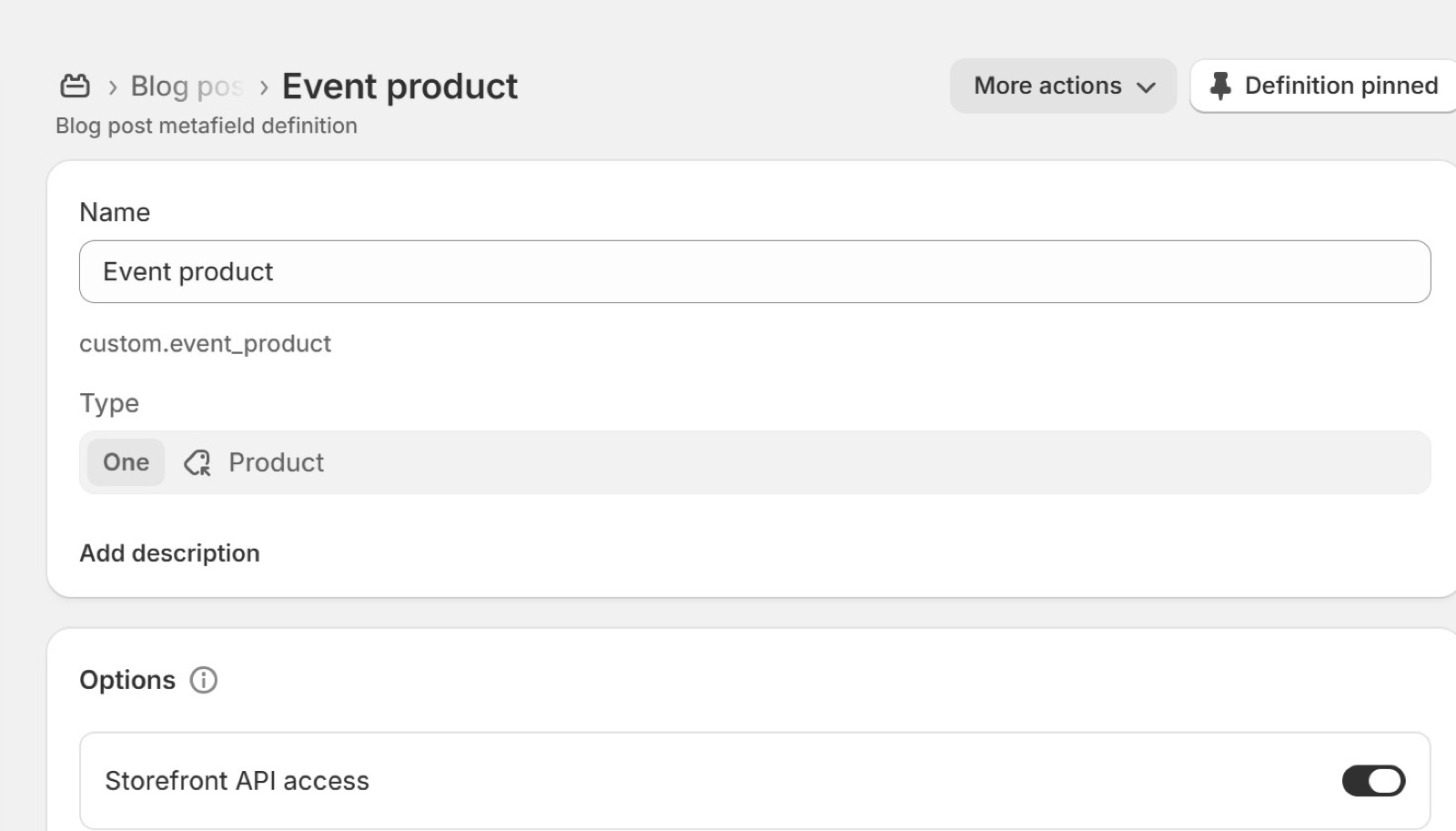 Shopify admin blog post metafield definition Event product (custom.event_product) of type Product.