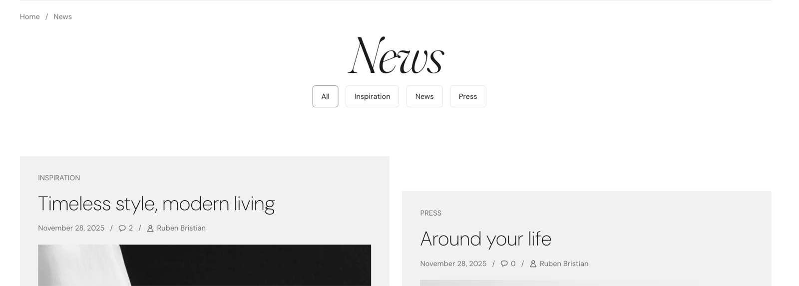 Storefront blog page heading: the large accent italic heading News with tag filter buttons and two article cards below.